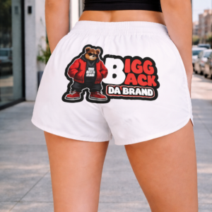 Bigg Back Da Brand White Women’s Graphic Shorts with Back Print