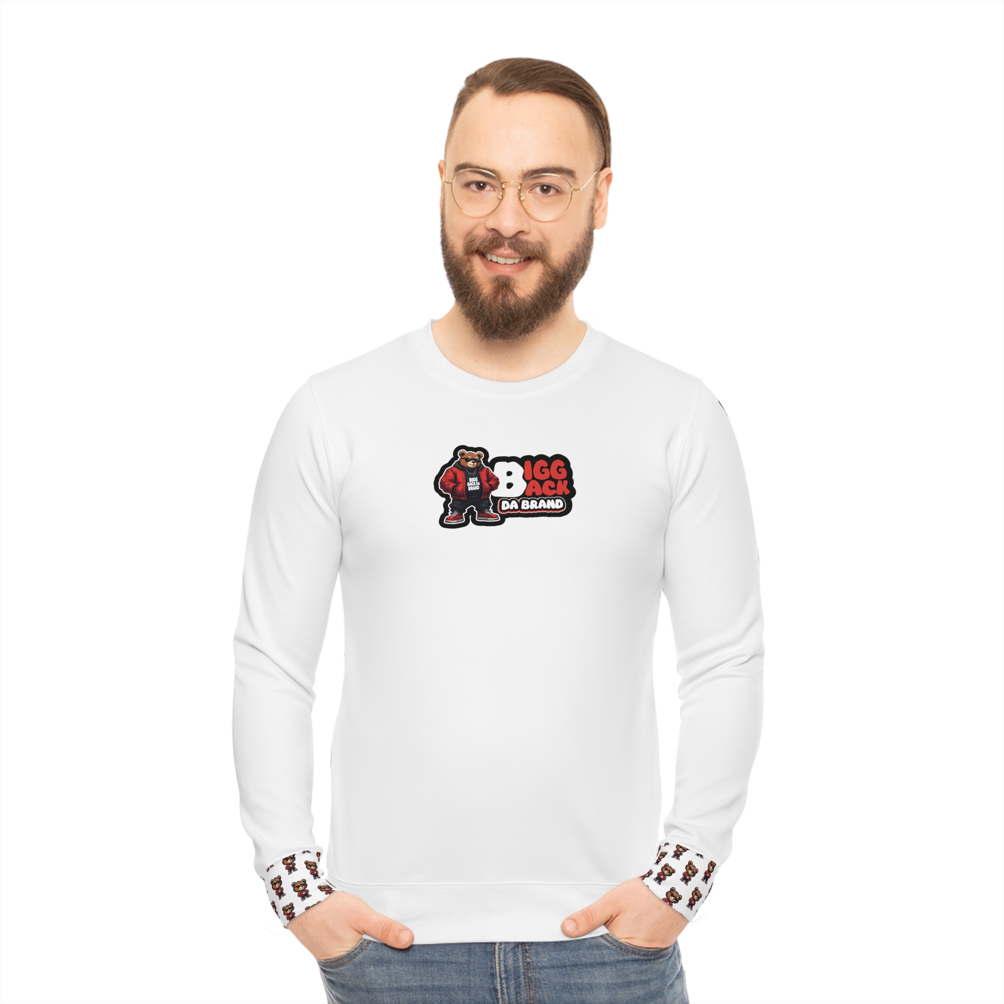 Bigg Back Da Brand White Unisex Crewneck Sweatshirt with Chest Logo and Oversized Back Print